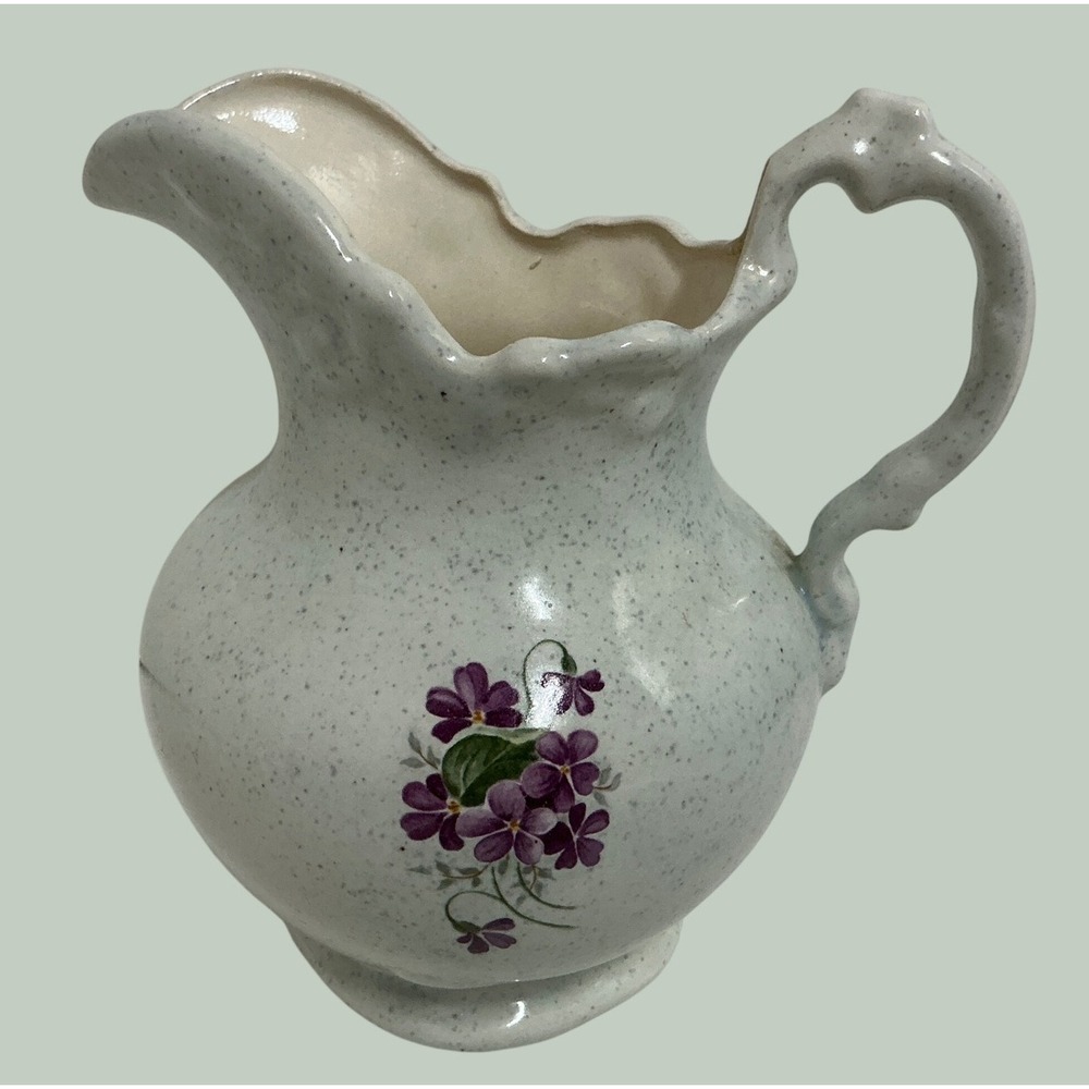 Vintage Ceramic Pitcher Purple Violet Floral Speckled Scalloped Creamer 5.5in